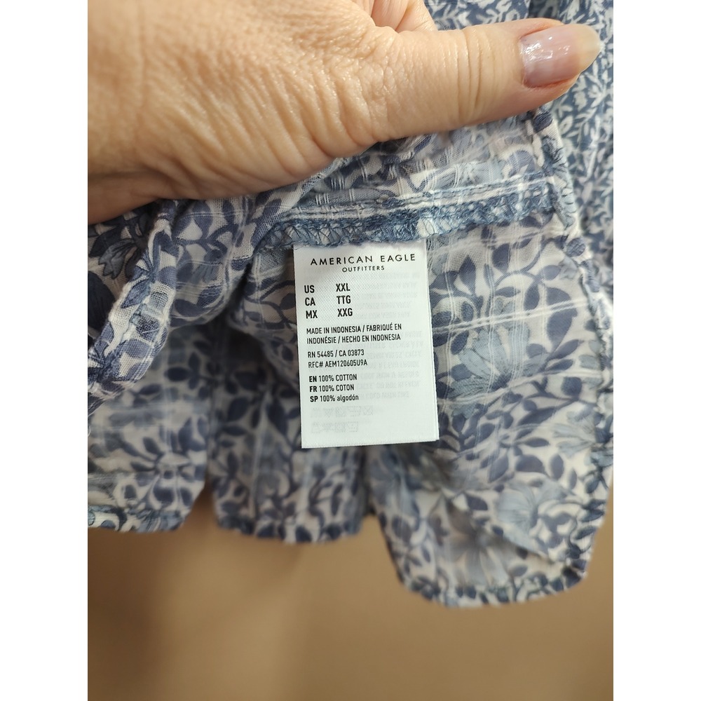 American Eagle Women XXL Blue Floral Stripe Mixed Print Babydoll Blouse Top - Picture 7 of 8